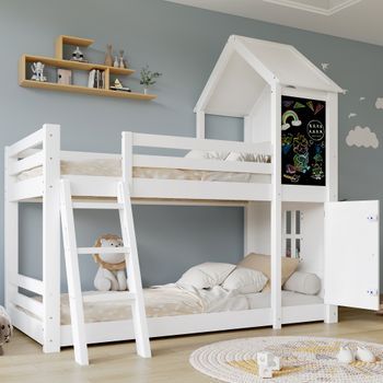 Literas 2 X 90 X 200 Cm Con Puerta Pequeña Y Pizarra - Mdf + Pb + Contrachapado - Blanco (sin Colchón)