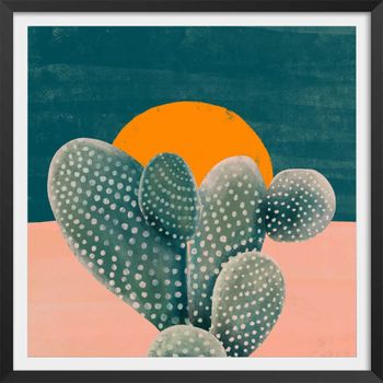 Cartel ilustración cactus y sol naranja con marco negro 50x50cm