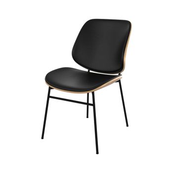 Silla de madera clara y pu negro, patas de metal negro