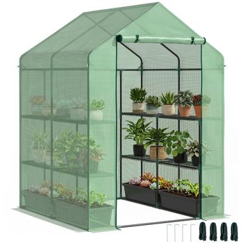 Outsunny Invernadero de Jardín Tipo Caseta 143x138x190 cm Vivero Casero 2 Niveles 4 Estantes Puerta Enrollable para Cultivos Verde   Aosom España