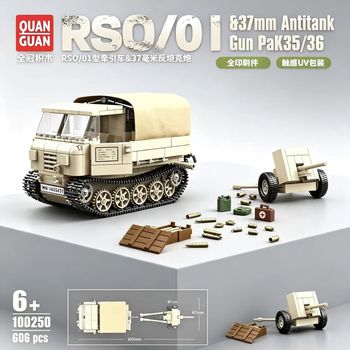 Bloques de Construcción QuanGuan 100250 RSO/01, Tractor y Cañón Antitanque, 606 Piezas, Modelo de Vehículo Militar Ensamblado, Ladrillos de Juguete, Regalo