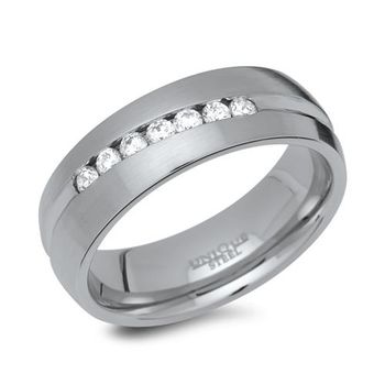 Anillo de acero inoxidable ranura brillante piedra esmerilada set