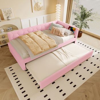 Cama De Relax, 90x200 Cm, Cama De Descanso, Sofá Cama, Cama Con Somier De Listones (sin Colchón), Con Lámpara De Noche, Con Cama Nido Multifuncional, Puerto Usb, Tipo C, Material Cómodo, Imitación Polar, Rosa