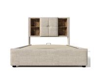 cama individual 90x200cm - carga inalambrica usb-c con almacenamiento base de madera lino natural con colchon