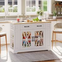 isla de cocina blanca y madera natural con mesa abatible puertas de cristal y ruedas con freno