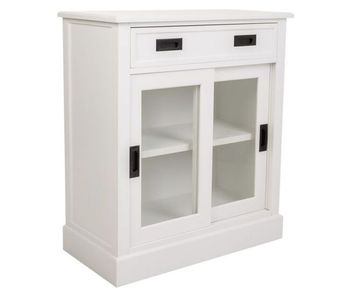 Consola blanca de madera de 80x40x90.5 cm dotada de 2 cajones y 2 puertas con cristal