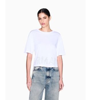 A|X Armani Exchange para mujer. XW001709AF17172U0002 Camiseta logo óptico blanco (XXL), Casual, Algodón, Manga corta