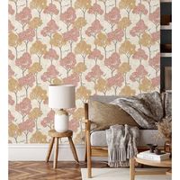 papel pintado vinilico ecologico de arboles color coral y pajaros con efecto texturizado - central park 682081 de gaulan - rollo de 10 m x 052 m