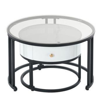 Juego De 2 Mesas Nido Con Cajón - Tapa De Cristal Y Mármol - Blanco
