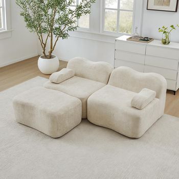 Sofá Modular L 2 Plazas + Chaise Longue Boneless Forma Ondulada Reposabrazos Móvil Sin Montaje Beige