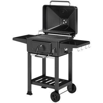 Outsunny Barbacoa de Carbón con Bandeja y Ventilación Ajustable Estantes Laterales Ruedas Termómetro Tapa Chimenea y Puerta