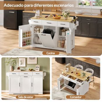 Isla De Cocina Con Ruedas Y Encimera Abatible, 136 Cm, Blanca Y Natural