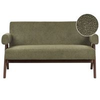 sofa 2 plazas retro salon tapizado de boucle patas de madera verde y marron oscuro tamre