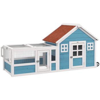 PawHut Jaula para Conejo Grande con 2 Ventanas de Decoración Ruedas 1 Puerta 1 Rampa y Techo de Asfalto 162,5x59,2x77,6 cm Azul   Aosom España