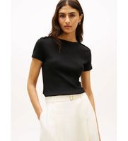 tommy hilfiger para mujer ww0ww49250 camiseta slim de cuello barco con botones negro m casual algodon manga corta