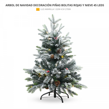 Arbol De Navidad Decorativo Con Bolitas Rojas Piñas Y Nieve 90cm 45leds