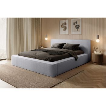Cama Con Canapé Denali – Gris Perla Rizado – 180x200 Cm – Tela De Terciopelo Suave – Somier Elevable – Almacenamiento Integrado