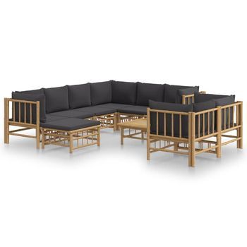 Set De Muebles De Jardín 10 Pzas Bambú Con Cojines Gris Oscuro Vidaxl