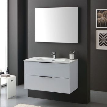 Mueble De Baño Suspendido De 90 Cm Blanco Brillante Con Manijas Negras, Lavabo De Resina Y Espejo | Parigi