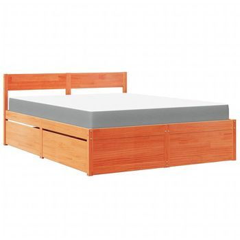 Cama Con Cajones Y Colchón Madera Maciza Pino Marrón 140x200 Cm Vidaxl