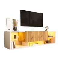 mueble de tv de tres niveles 160 cm blanco y color madera con luces led
