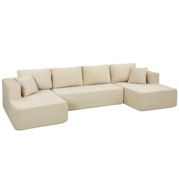 HOMCOM Sofá Modular en U Comprimido 337 cm, Sofá Convertible 4 plazas en Terciopelo Acanalado, Asiento Amplio, Crema