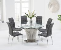 hans round 130cm glass table with calgary faux leather chairs - black 4 chairs
