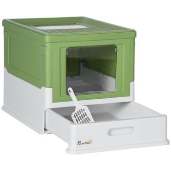 PawHut Arenero Cubierto para Gatos Arenero Cerrado y Plegable para Gatos con Bandeja Extraíble y Pala 47,5x35,5x36,7 cm Verde