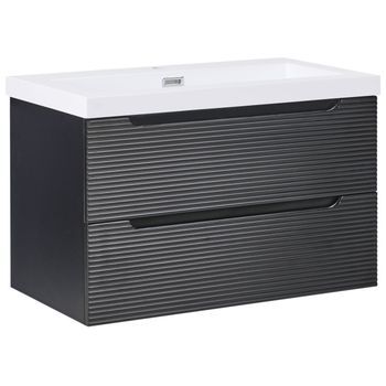 Mueble De Baño Suspendido Con Lavabo De Madera Mdf Armario De Baño 80 Cm Negro Makana