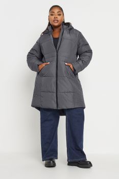 Yours Abrigo Midi Acolchado Gris Con Capucha, Mujer Curvy Y Tallas Grandes, Yours