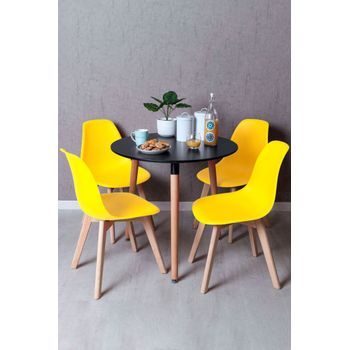 Conjunto Mesa Tower Redonda 80 Cm Negra Y Pack 4 Sillas Kelen - Amarillo