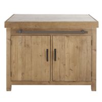 isla de cocina de pino reciclado y piedra azul con mesa extensible