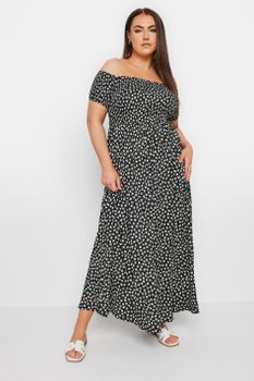 Yours Vestido Largo Bardot Negro De Florecitas, Mujer Curvy Y Tallas Grandes, Yours