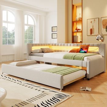Cama Canapé Nido Con Iluminación Led Y Puertos Usb, 90x200 Cm, Lino Beige