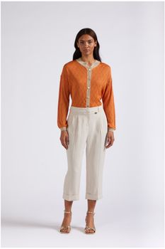 pantalón cropped con dobladillo en mezcla de lino cord