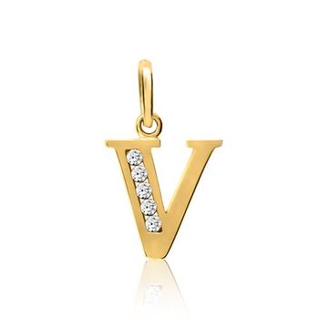 8k colgante de oro letra v con circonita