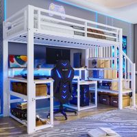 cama alta 90 x 200 cm con escritorio esquinero y estanterias - metal - leds y puerto usb - blanco colchon no incluido