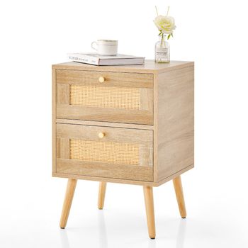 Costway Mesita de Noche de Ratán con Acento Bohemio con 2 Cajones Mesa Auxiliar Moderna 40 x 40 x 59 cm Natural