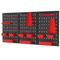 costway organizador de pared con panel perforado estanteria de piezas con 9 contenedores soportes para martillos portaherramientas negro y rojo