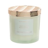 vela perfumada en tarro de vidrio tintado verde con metal dorado 350g