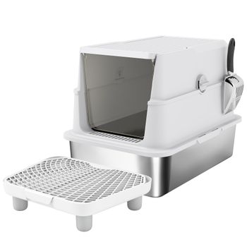 PawHut Arenero para Gatos de Acero Inoxidable XL Cerrado con Tapa Abatible Borde Alto Pala Metálica Antifugas Gris Claro