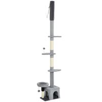 pawhut arbol rascador suelo-techo ajustable 225-255 cm torre multiescalonada en felpa gris