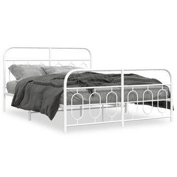 Cama Doble | Cama Para Adultos | Estructura Cama Metal Con Cabecero Y Estribo Blanco 150x200 Cm
