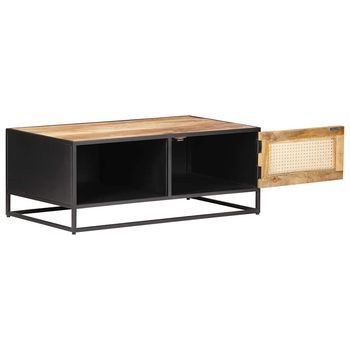 Mesa De Café - Mesa De Centro Madera De Mango Rugosa Y Caña Natural 90x50x35cm