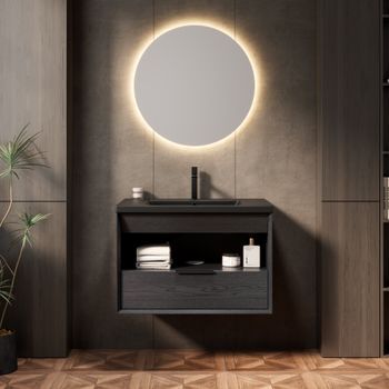 Mueble De Lavabo - Baño - Madera Contrachapada Y Cerámica - Negro Y Roble (74.5x46.5x51.5cm)