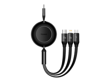 Cable USB - Baseus 3-en-1 Bright Mirror, 100W, retráctil, Carga rápida multidispositivo, USB-C a USB-C-Lightning-Micro, 110 cm, Negro