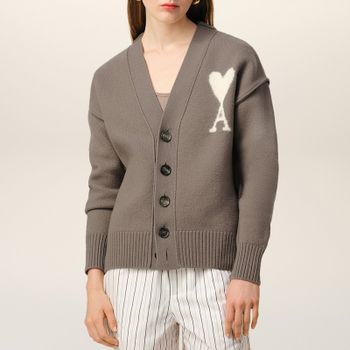AMI Boxy ADC Logo-Intarsia Wool Cardigan - XL