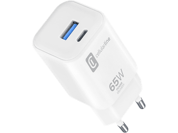 Cargador móvil - CellularLine Dual Charger, 65 W, Carga rápida, USB C, A, Universal, Blanco