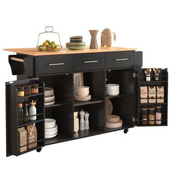 Isla De Cocina Con Ruedas Y Encimera Abatible, 3 Cajones, 139x71x91,5cm, Mdf, Negro Y Madera
