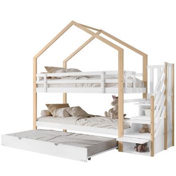 Litera Infantil Con Cama Nido Y Cajones, Cama Cabaña De Madera, 90x200cm, Natural Y Blanco